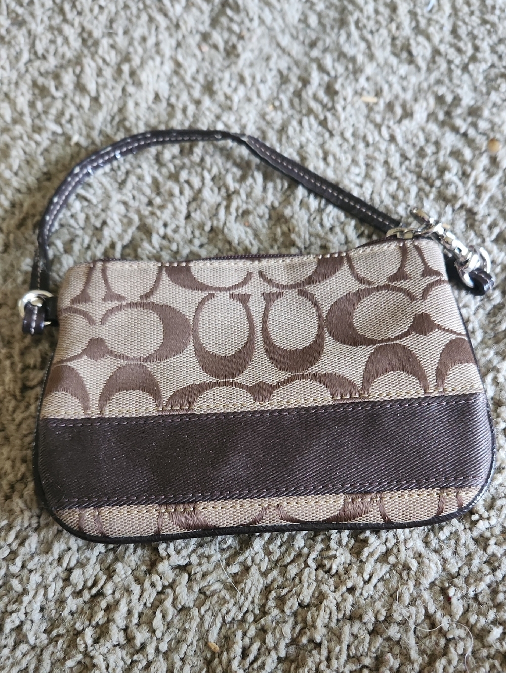 Coach Brown Signature Mini Wristlet with Contrast Band